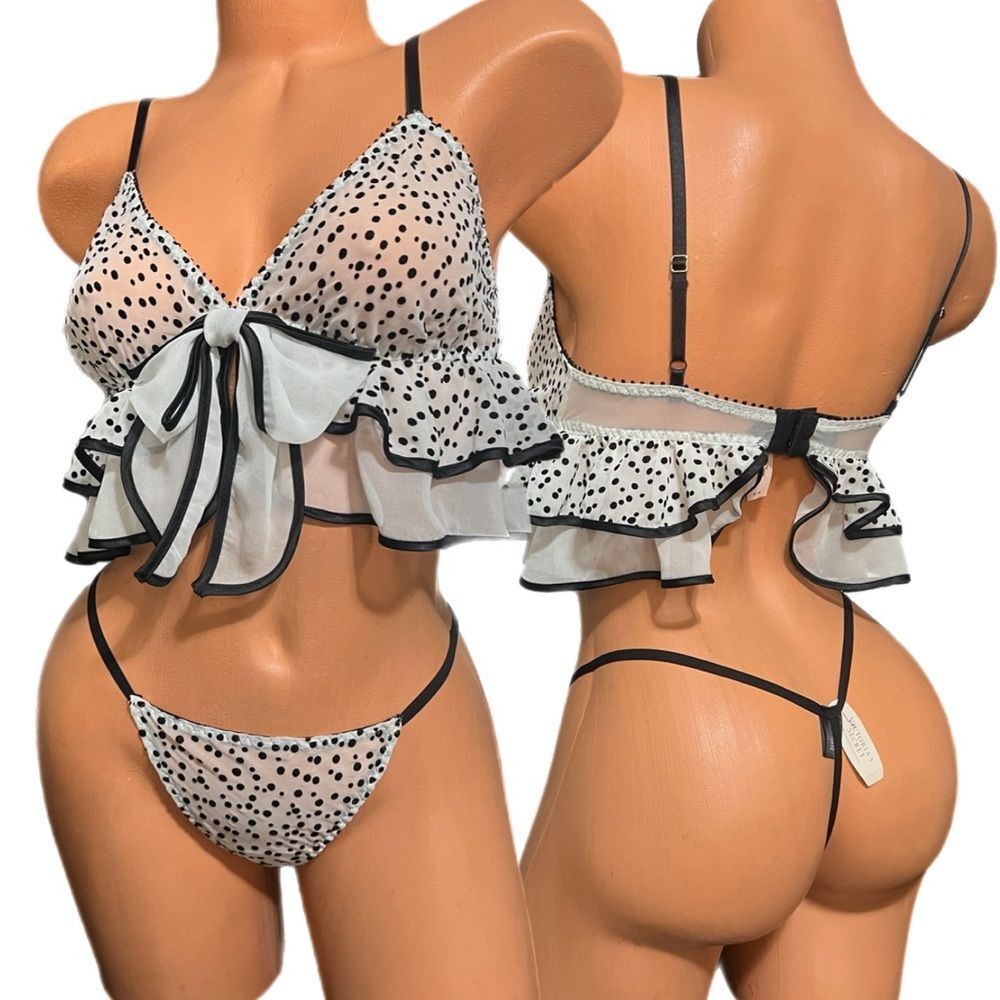Victorias Secret LUXE polkadots Chiffon bra Bralette & V string Panty Set Small